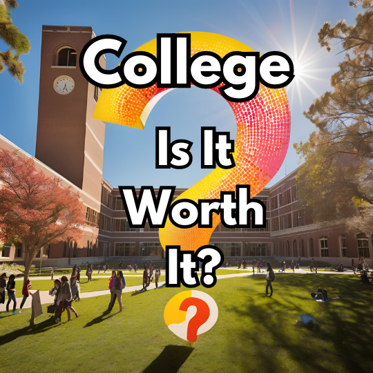 College: Is It Worth It? - A College campus with students milling around the grounds.