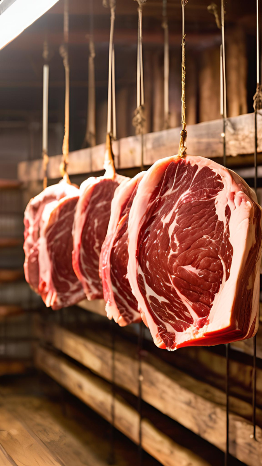 Sustainable Beef Revolution - Beef hanging in a dry aging room.