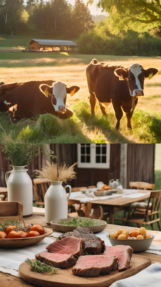 The Dark Side of the U.S. Beef Industry: From Calf to Table - Pictured is a pair of calves in a beautiful pasture. A table set up outside on the farm laden with food. Representing Farm to Table.