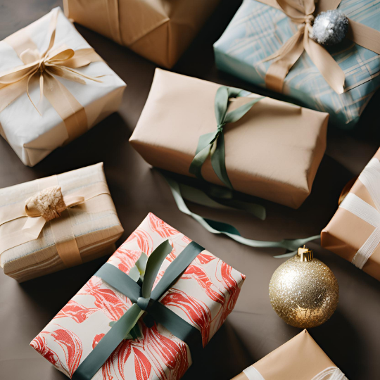 Gifts and Gift Cards - Variety of wrapped gift boxes.