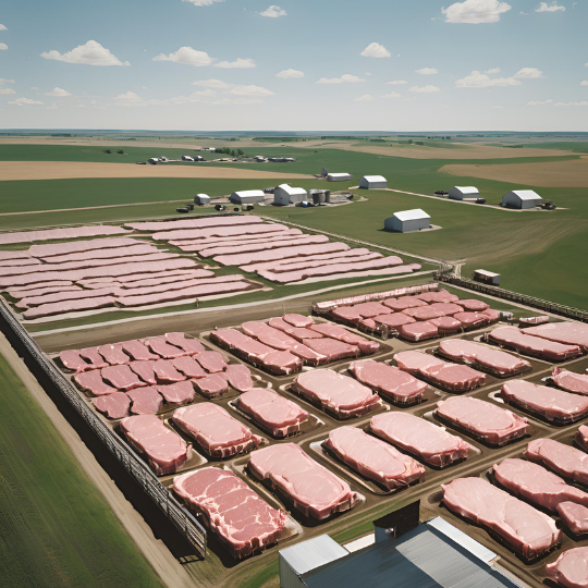 Basics of U.S. Beef Production: A Changing Industry - A picture of a feedlot with cuts of beef in the pens to resemble the U.S. Beef Industry.