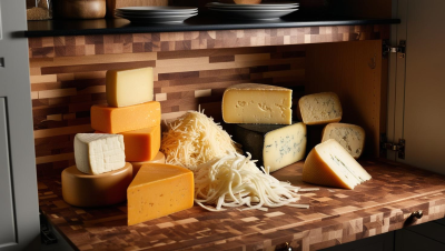 Tamis Stuffed Pocket Recipe - Variety of cheeses displayed on a beautiful butcher block cabinet that can be used in variations of Stuffed Pocket Recipe.