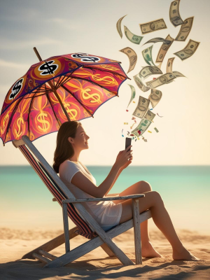 Best Side Hustle to Make Money - woman sitting on a beach chair under an umbrella holding her phone that is shooting money into the air as she does the side hustle from anywhere.