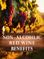 Non-Alcoholic Red Wine Benefits - Beautiful photo of a row of grape vines full of grape clusters and a wooden sign that reads "Non-Alcoholic Red Wine Benefits" in the foreground.