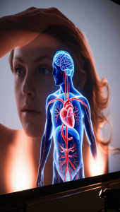 Reserve Review: Reserve vs. Red Wine – Pretty woman in background with overlay of hologram of body with brain, heart, and circulatory system depicted. To represent best supplement for heart health insurance as well as brain, skin, and body.