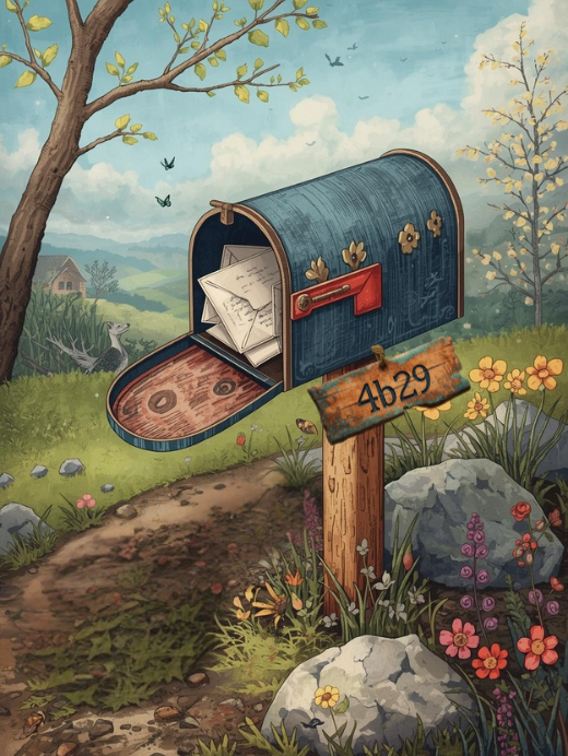 About Us - Rustic metal mailbox on wooden post with rocks around it in the spring.