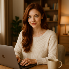 Thank You For Stopping By! - Beautiful red haired woman working on her laptop from home.