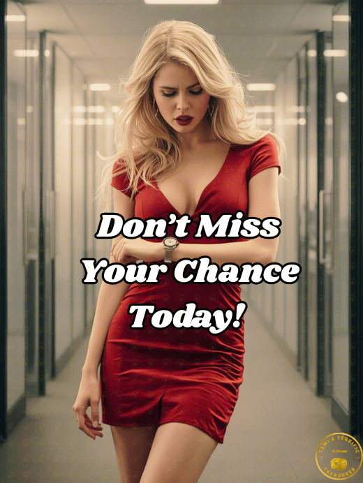 Beautiful blond in a red dress looking at her watch hoping she doesn't miss the FUN.
