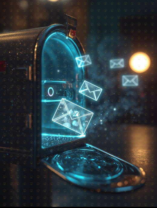 Metal mailbox with holographic mail drifting into it.