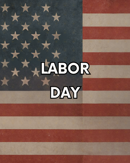 Labor Day: From Strike to Holiday ~ a section of the American Flag showing a few of the stars on blue background and some of the red and white stripes with "Labor Day" text overlay in white and outlined in black