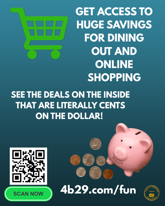Fun Secrets For Daily Life - Green shopping cart with text "Get Access to Huge Savings for Dining Out and Online Shopping," QR code with "Scan Me" in a green oval, scattered coins, pink piggy bank, and page link at the bottom. Highlights affordable deals and daily savings opportunities.