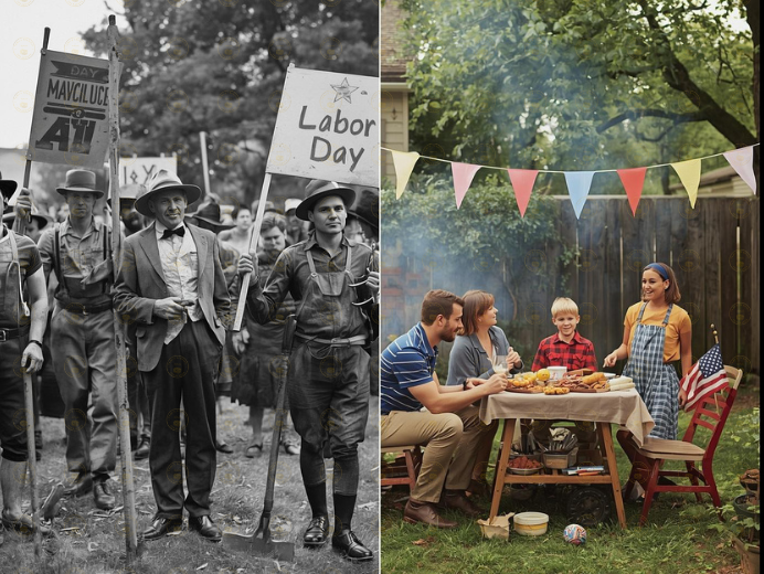 Labor Day: Strike to Holiday - Labor Day image blending history of workers fighting for rights with modern family BBQ celebration, showing the holiday’s true meaning.