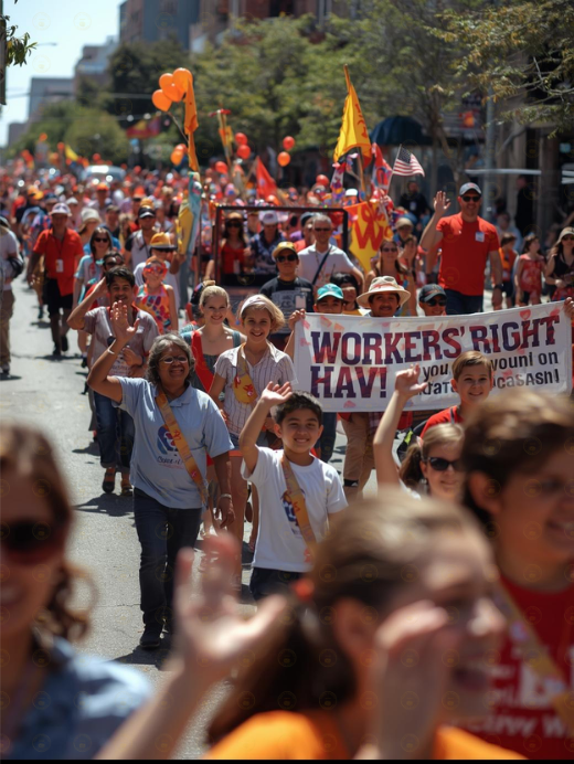 Labor Day: From Strike to Holiday. ~ Modern Labor Day parade with families and workers celebrating contributions of the working class