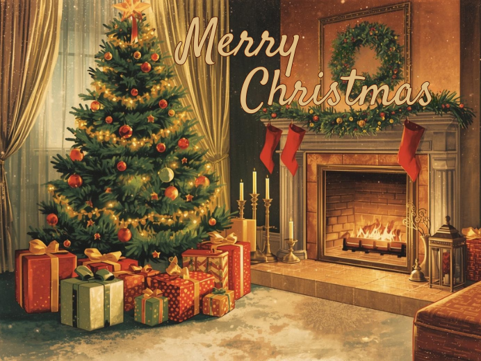 Depiction of a 1970's or 1980's Christmas card of a warmly lit living room, with a fire glowing in the fireplace and a decorated tree with wrapped gifts underneath.