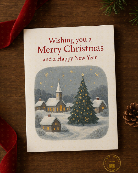 Image of a snowy village with glowing windows, a decorated tree in the town square, and golden snowflakes. Text reads: Wishing you a Merry Christmas and a Happy New Year.