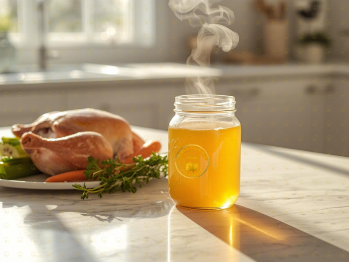 Bone Broth 4 Human and Pet Consumption - Bright kitchen with white counters. One with a  chicken and veggies used to make chicken broth. As well as a clear glass jar containing a light amber liquid to represent the finished broth.