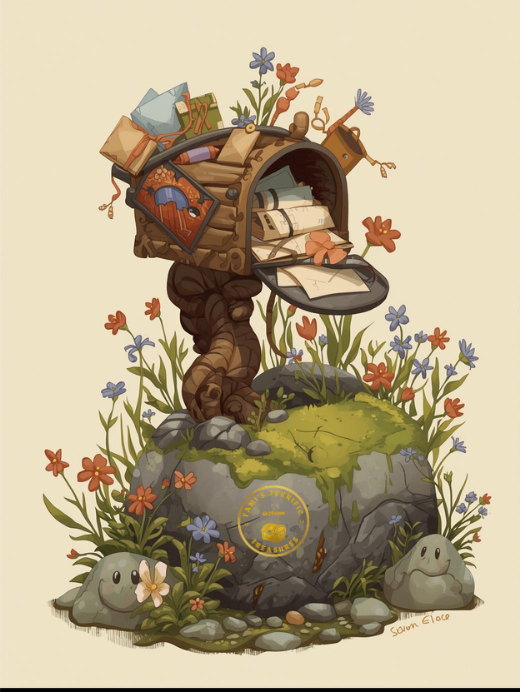Fall Festival - a crooked wooden mailbox behind a big stone with fall colored flowers growing around it and off the top bursting with invitations to harvest festivals, mid-autumn festivals, and so much history!