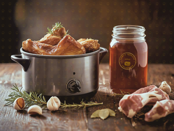 Bone Broth 4 Human and Pet Consumption - Depiction of cooked pork bones in a pot. Fresh garlic cloves and rosemary sprigs scattered about. A clear glass jar containing a deep amber liquid representing cooked Pork bone broth with raw pork bones laying next to in on the counter.