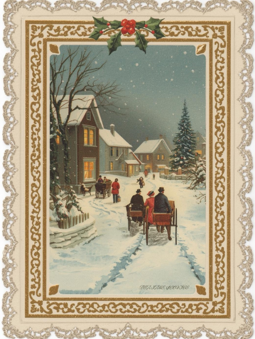 Depiction of a Victorian-era Christmas Card. Wagon ride through town on cobblestone streets covered in snow.