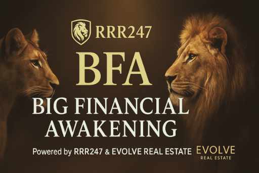 RRR247 - BFA - Big Financial Awakening - dark background with a side profile of a lioness on the left and a lion on the right.