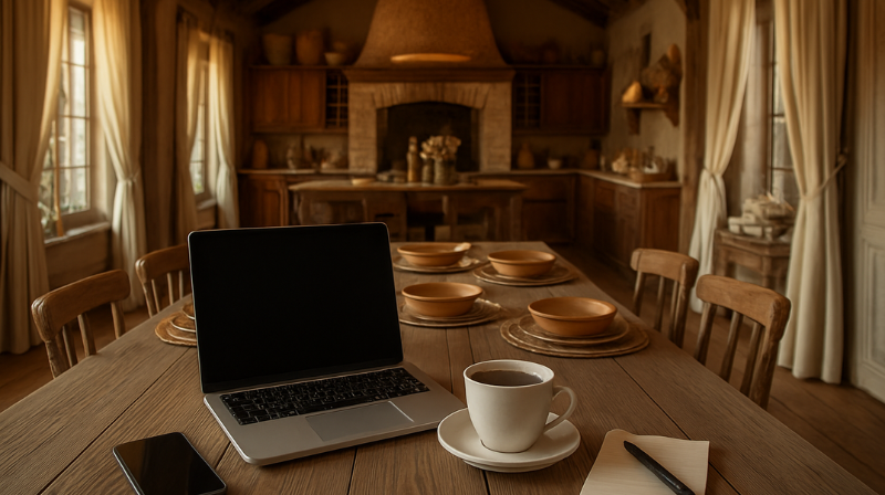 A laptop sitting on a rustic dinning table. The representative of a digital world merging with the past.