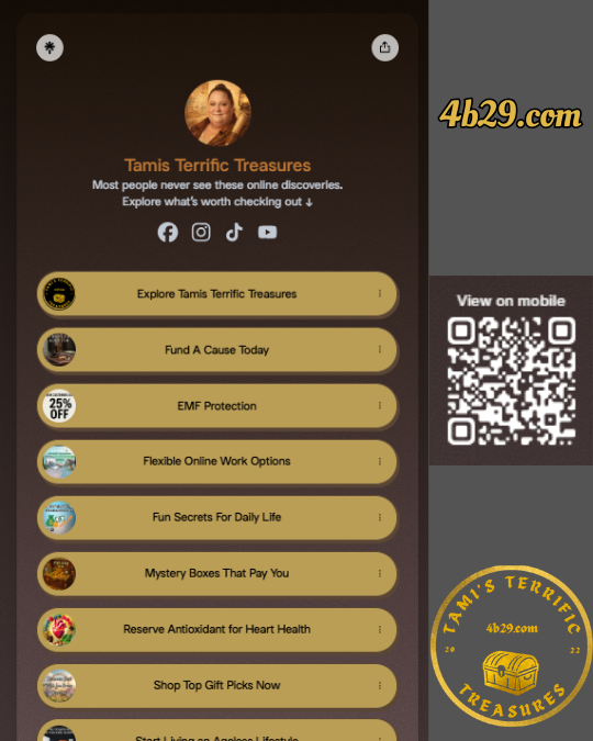 Linktree Setup and Customization with Calliope - Tami's Terrific Treasures Linktree, QR code, Logo, and URL.