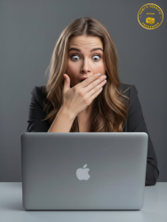 Repeatable Linktree Traffic System Explained - Woman looking at a laptop screen with a look of surprise on her face as her hand covers her mouth.