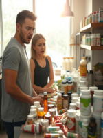 AM/PM Essentials-dual-phase wellness system: Couple overwhelmed with a supplement routine.