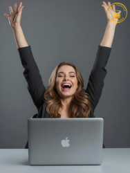 Repeatable Linktree Traffic System Explained - Woman looking very excited with arms straight up like she has scored!